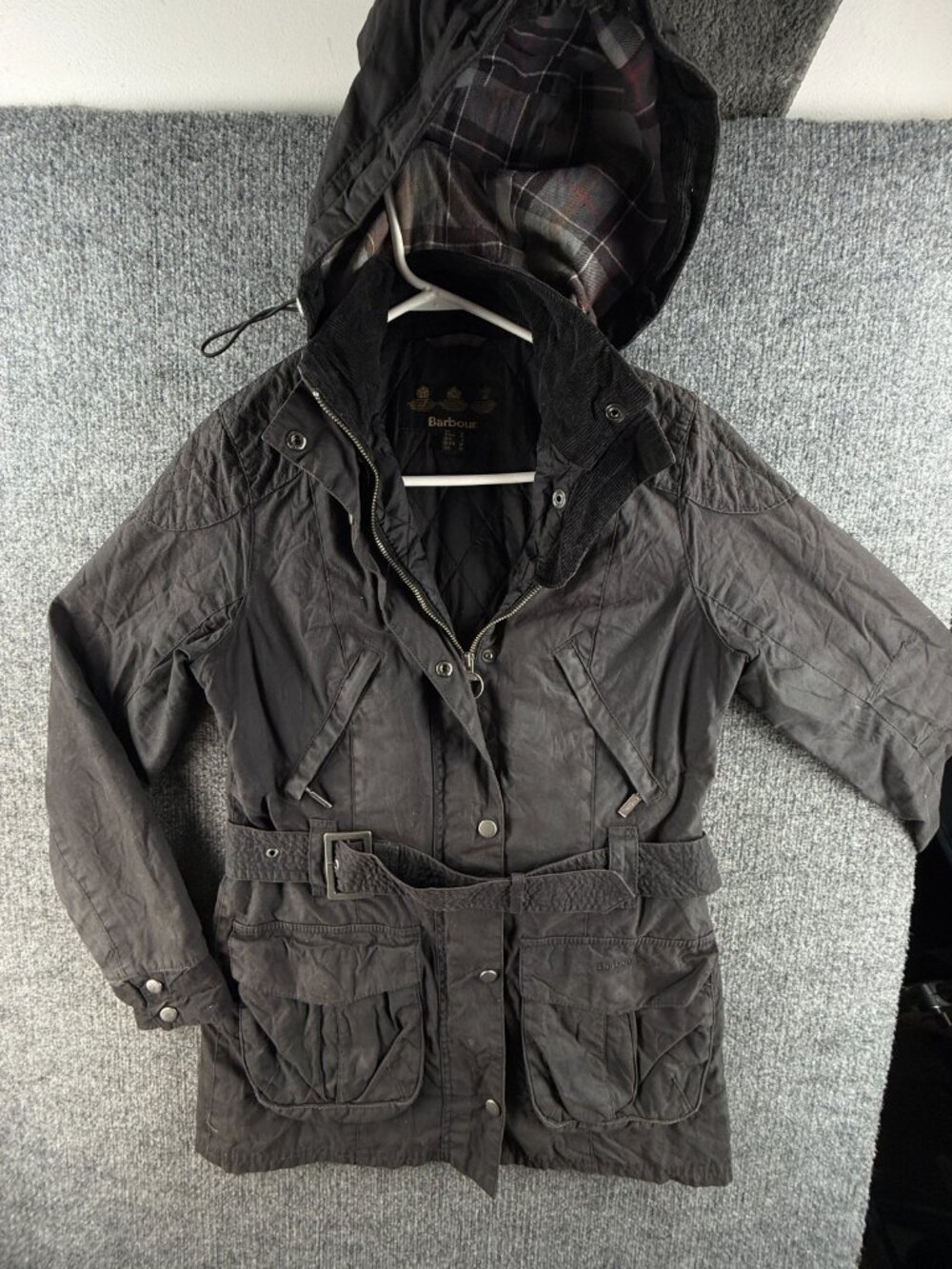 Barbour Rebel Waxed Jacket Women Full Zip Black Insulated USA 6 Hooded Belted